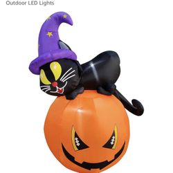 Open Box Inflatable Halloween Decoration 5 Ft Black Cat On Pumpkin Outdoor LED Light 