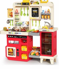 Play Kitchen, Kids Kitchen Playset with Steam, Lights and Sounds Toy Kitchen Set, Toy Stove, BBQ Grill,Sink, Play Food, Pretend Kitchen Accessories, C