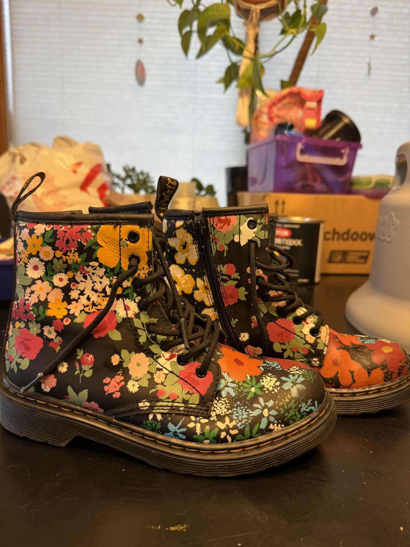 DR MARTEN TODDLER 1460 FLORAL MASH UP LEATHER LACE UP BOOTS