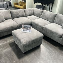 New Corduroy Sectional.  Grey, Beige, Green.  99” X 99”.  Free Delivery!