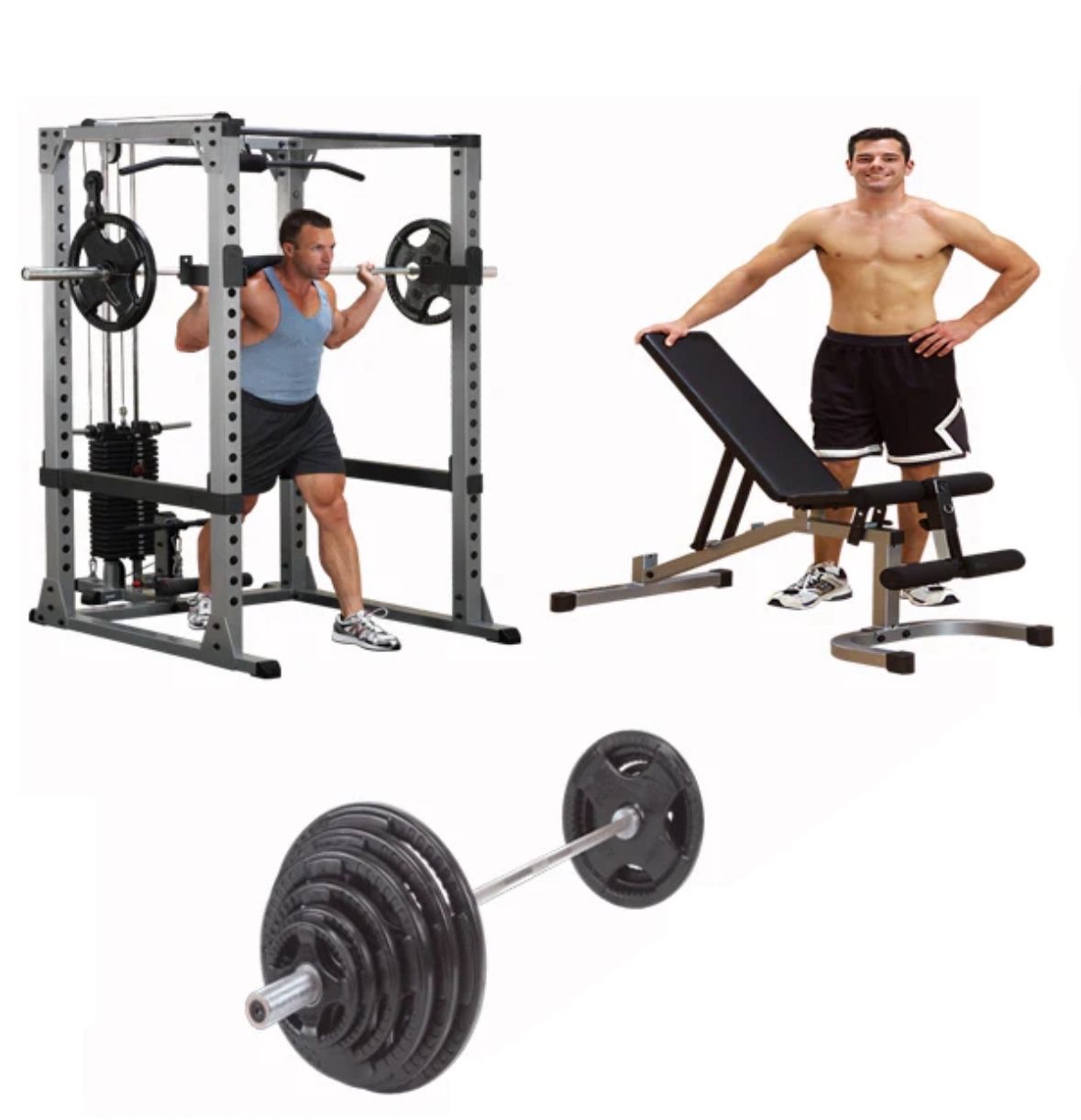 Body Solid Pro Stabilized Power Rack Bench Barbell Package For Bench Press with Pulldown 300lb