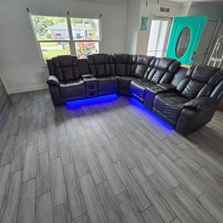 Power Reclining Sectional Sofa With Led Lights , USB Ports, Speakers