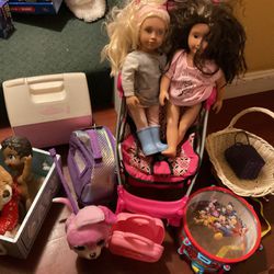 A Nice Stroller With Two Dolls, One Is Holding A Purse.  Two Baskets With A Small Baby, A Cooler , A Real One, A Music Item And More (NO SHIPPING)