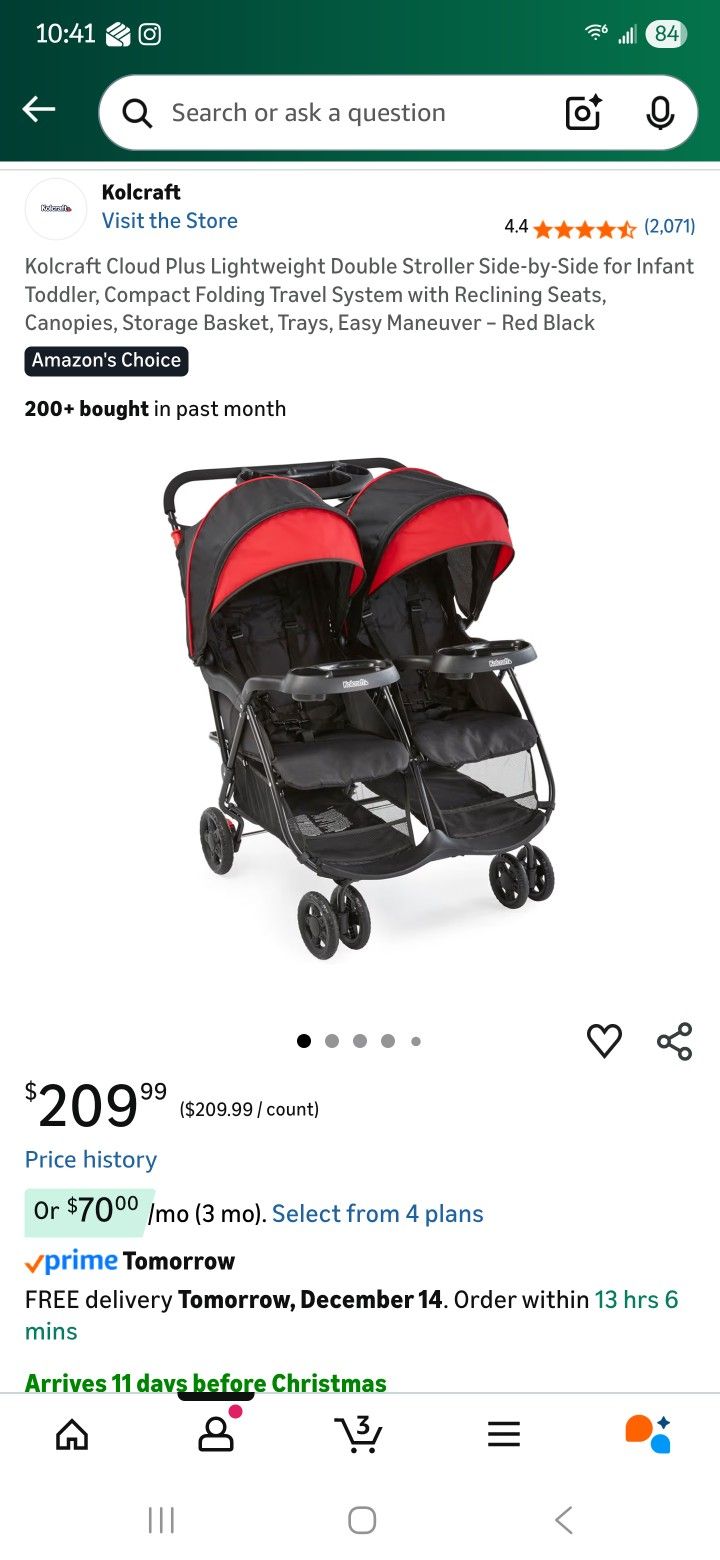 Double Stroller – Kolcraft Cloud Plus – $60