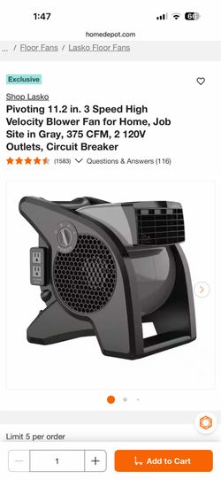 Pivoting 11.2 in. 3 Speed High Velocity Blower Fan for Home, Job Site in Gray, 375 CFM, 2 120V Outlets, Circuit Breaker