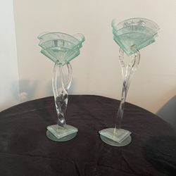 Glass Candle Sticks (2) 10” And 12”