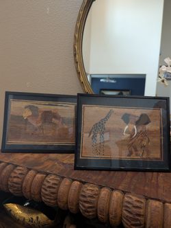 Vintage African Banana Leaf Art Framed Pictures - Set of 2 Cat Lion Giraffe Elephant