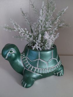 Painted Turtle Planter with Faux Plant