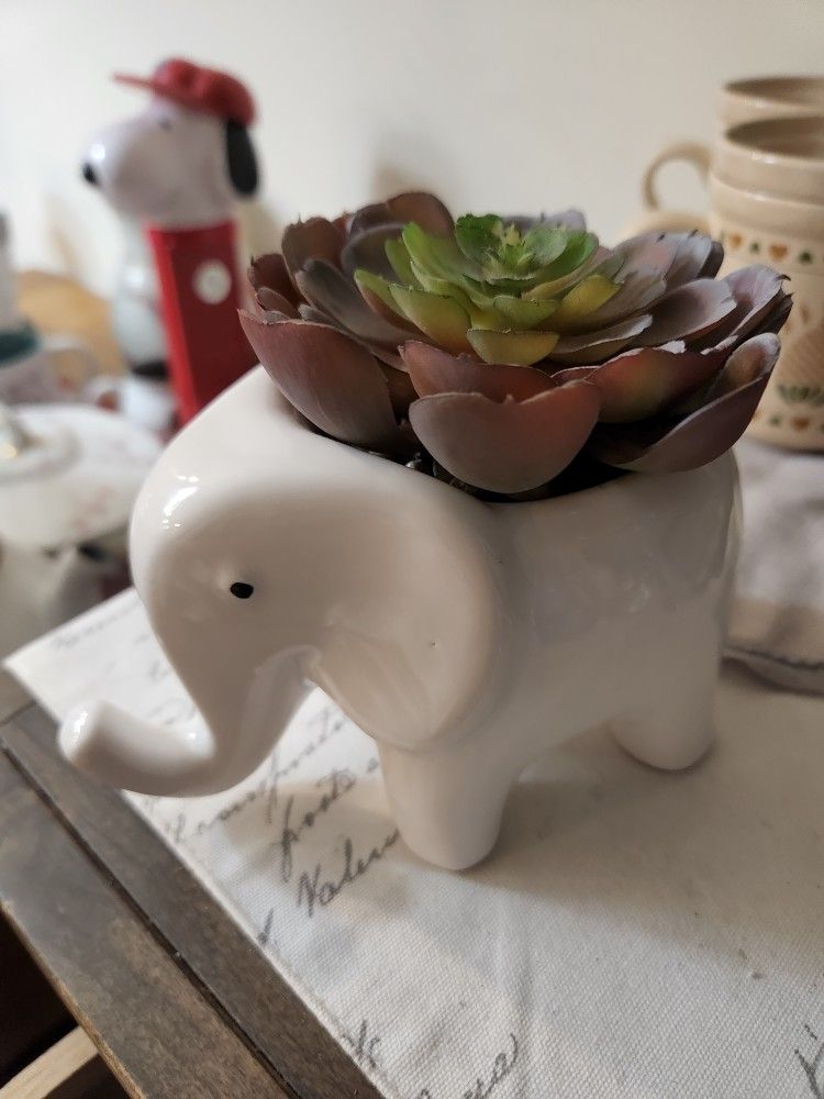 Ceramic Elephant Planter With Faux Succulent