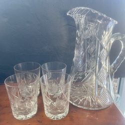 Antique Cut Crystal American Brilliant Pitcher And Four Glasses Glass Set 