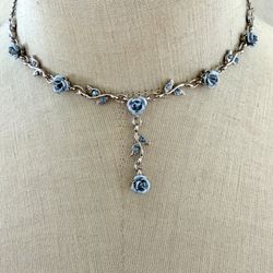 Blue Rose Floral Y Necklace Silver Tone Crystal Accents