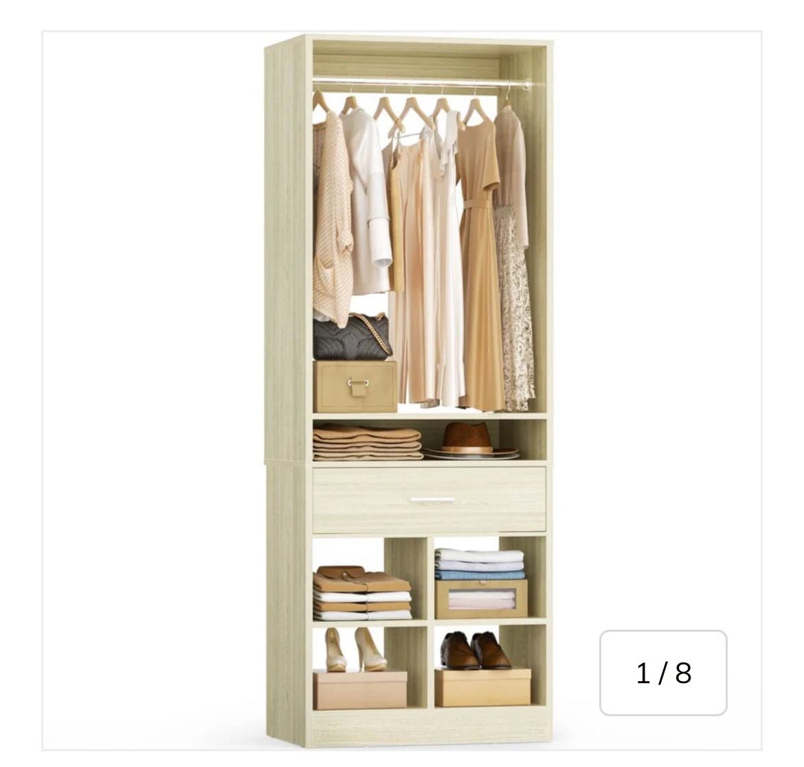 Freestanding Closet System with Wood Drawer and 4 Cubby Storage, Closet Organizer with Hanging Rods & Shelves, 25‘’W X 80'' H Clothes Garment Rack, Wa