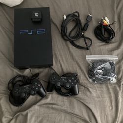 PLAYSTATION/PS2 CONSOLE, CONTROLLERS, CORDS, AND MEMORY CARD