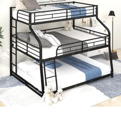 Bellemave Heavy Duty Triple Bunk Bed for Multiple Kids,Twin XL Over Full XL Over Queen Size Triple Bunk Bed with Long and Short Ladder for 3 Kids,Uniq