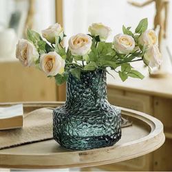 Dark Green Glass Vase for Bouquet of Flowers, Ribbed Fluted Vase