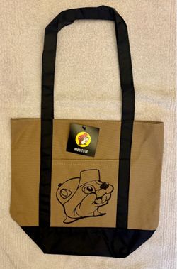 Buc-ees Mini Reusable Tote Bag Beige/Black Graphic Print on both sides