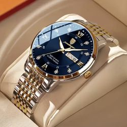 Men'S Casual Business Waterproof Quartz Watch, Round Dial, Pointer Display, 3ATM Water-resistant, Alloy Case, Stainless Steel Strap, Nightlight, Calen
