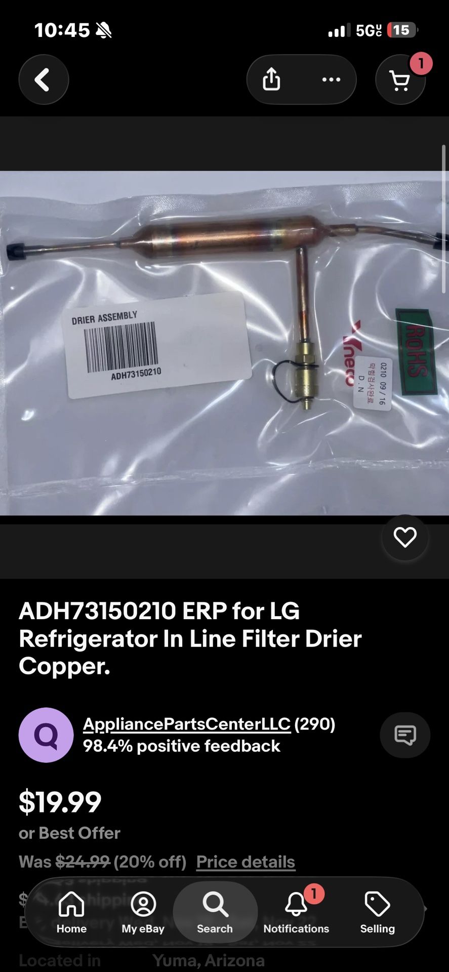 ADH(contact info removed)0 ERP for LG Refrigerator In Line Filter Drier Copper.