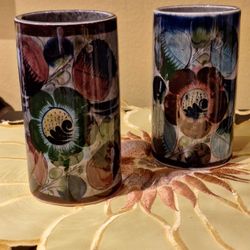 Mexican Tonala Pottery Vases Folk Art Olive Green Gray Lilac Flowers (2 Vases)