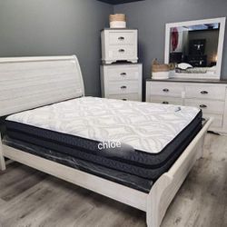 New Queen Size 5-piece Bedroom Set With Dresser Mirror Nightstand Chest Without Mattress And Free Delivery