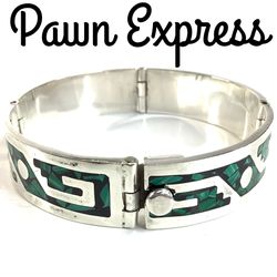Sterling Silver Malachite Chip Onyx Inlay Link Bracelet