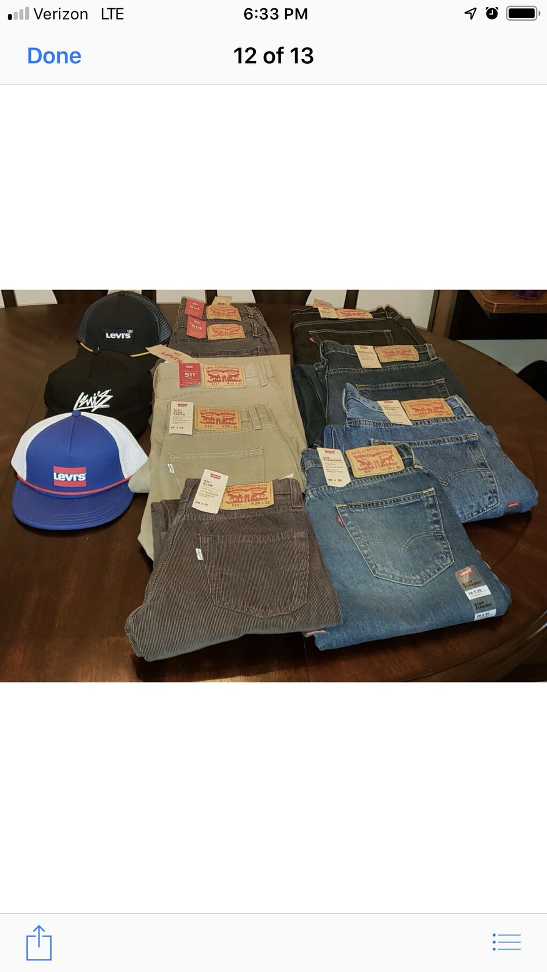 Levi’s jeans several different colors and styles and also truckers hats