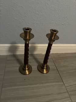 Pair Of Vintage Turned Wood Brass