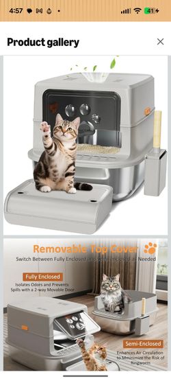Stainless Steel Cat Litter Box with Lid, XL Enclosed & Odorless Litter Box for Large Cats, Anti-Leak Design with Carbon Filter & Removable Scoop, Easy
