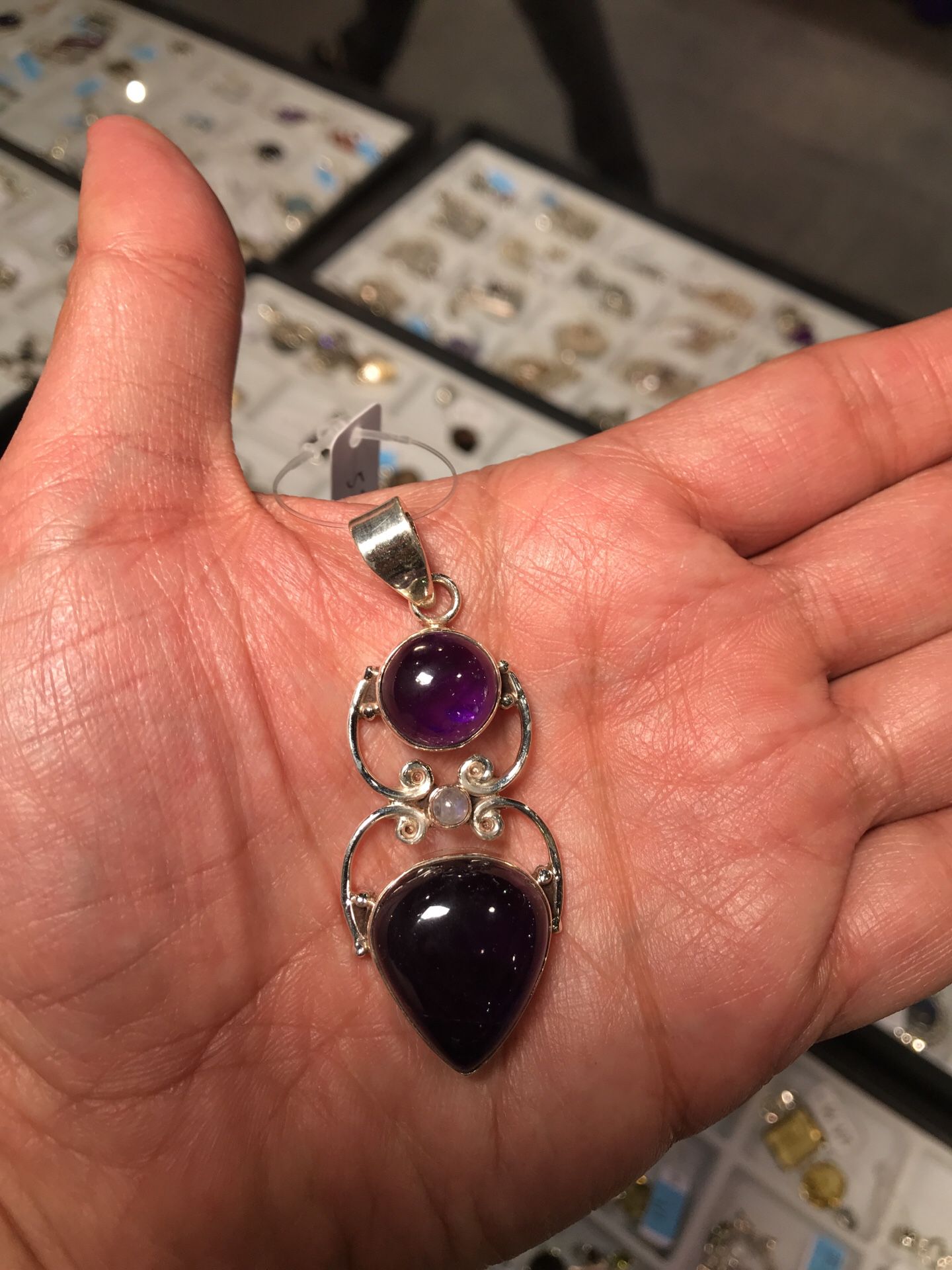 Large Amethyst Gemstone and Moonstone Pendant In 925 Sterling Silver