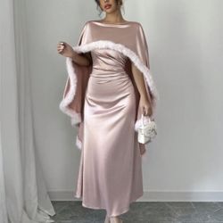 Women Shawl Collar Furry Edge Elegant Ball Gown Dress Maxi Satin Women Outfit