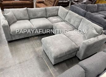 New Modern Sectional Sofa And Ottoman Set Ashley Style Designer Contemporary Soft Plush Fabric Couch Furniture Clearance Discount Sale Light Grey Gray
