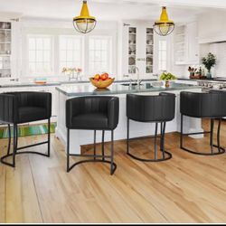 26 in.Modern Black Faux Leather Upholstered Counter Stool with Black Metal Frame Barrel Counter Bar Stool Set of 4