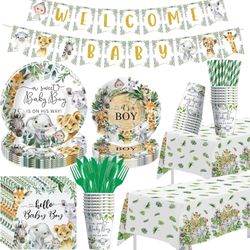Jungle Safari Baby Shower Decorations, 195Pcs Jungle Theme Baby Boy Table Decorations, Plate, Napkin, Cup, Tablecloth, Banner, Cutlery, Wild Animal Ba