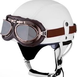 New Leather Vintage Motorcycle Retro Half Helmet Scooter Bike Cruiser with Goggles size Small and size Medium 