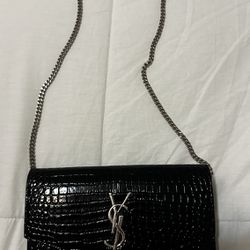 Authentic YSL UPTOWN CHAIN WALLET IN CROCODILE-EMBOSSED SHINY LEATHER