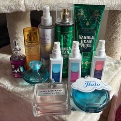 Several perfumes, mists, and a body lotion
