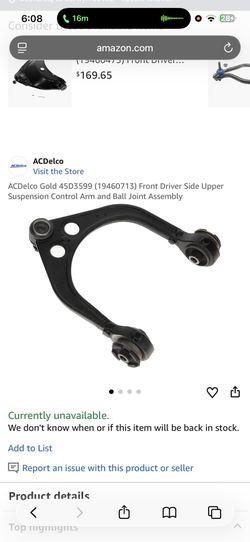 ACDelco 1(contact info removed) Front Drive Side Upper Suspension Control Arm