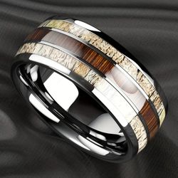 Men's 8mm Silver Tungsten Ring Deer Antler Koa Wood Inlay Engagement Wedding Band