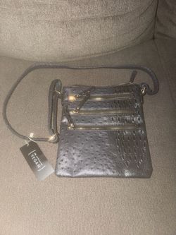 Gray Faux Leather Croc Embossed Crossbody Bag Zip Detachable Strap Gold