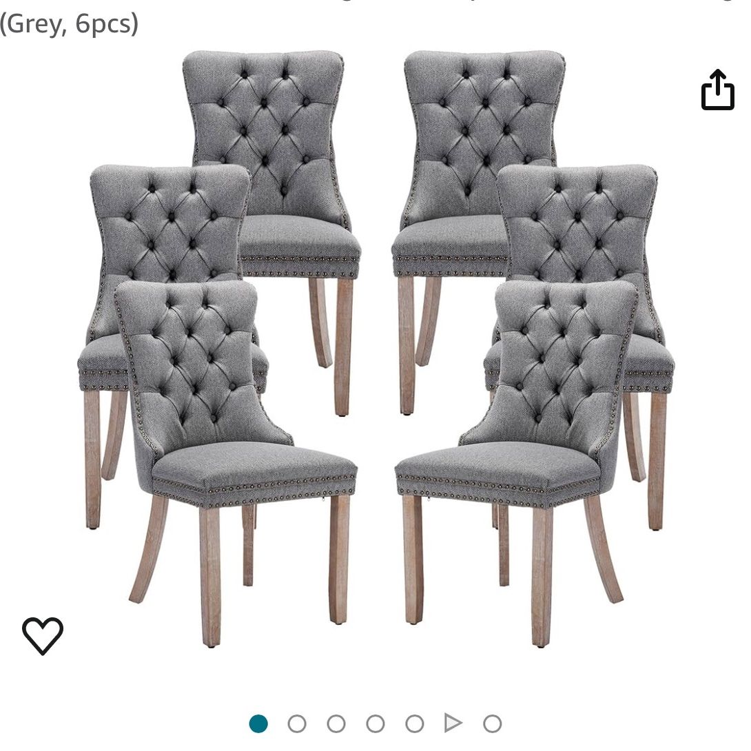 Set Of 6 - Gray Linen Tufted Dining Chairs With Solid Wood Legs [NEW] **Retails For $500+ [CHAIRS ONLY /  TABLE NOT INCLUDED]