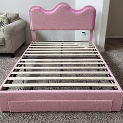 Full Size Pink Princess Upholstered Bed Frame with Headboard, Footboard, Drawer, and LED Lights