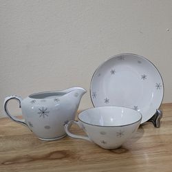 Vintage MCM Japanese China White Silver Gold Atomic Starburst Cup & Saucer Set / Creamer