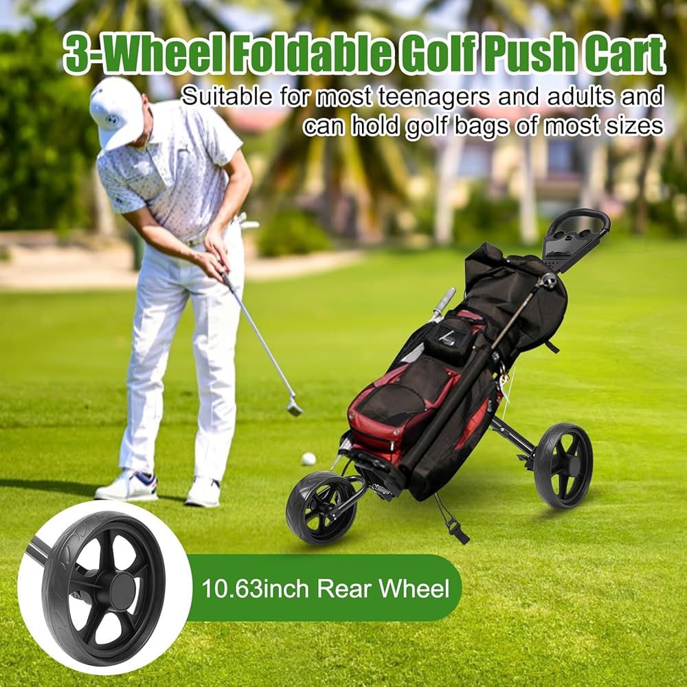 3 Wheel Golf Push Cart, Foldable Golf Cart with Foot Brake & Cup Holder Push Cart Golf with Scoreboard Roller Golf Bag Holder Golf Walking Push Cart