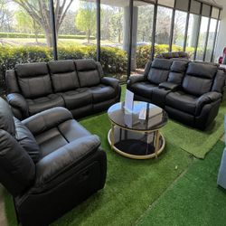 Black Recliner Sofa 3 Pcs Set 