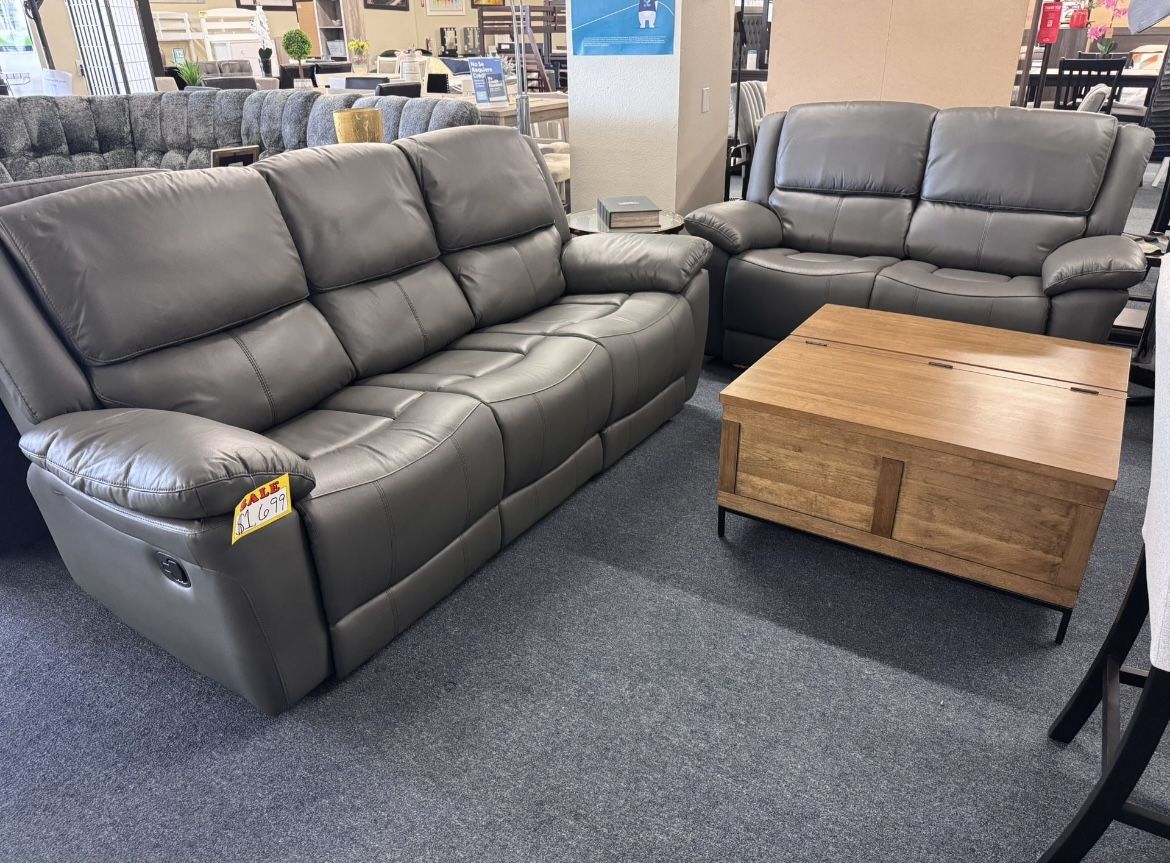 Grey Leather Match Sofa And Love Seat Recliner Set