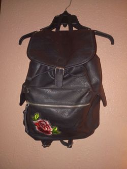 Black Faux Leather Backpack with Rose Patch