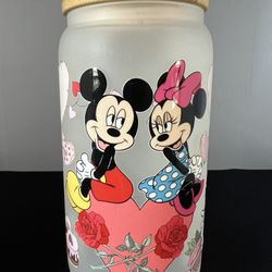 Mickey & Minnie heart glass can 16 Oz UV DTF