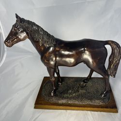 Vintage Bronze Colored Horse On Wood Base 11x12