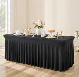 Black Spandex Tablecloth with Skirt for 4ft Rectangle Tables - Wrinkle-Resistant, Stretchable, Machine Washable - Perfect for Weddings Banquets Birthd