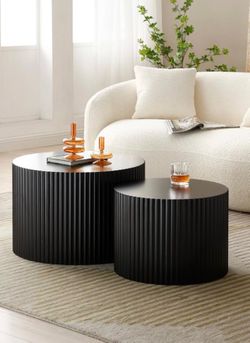 Nesting Coffee Table Set of 2, Matte Black Round Wooden Coffee Tables
